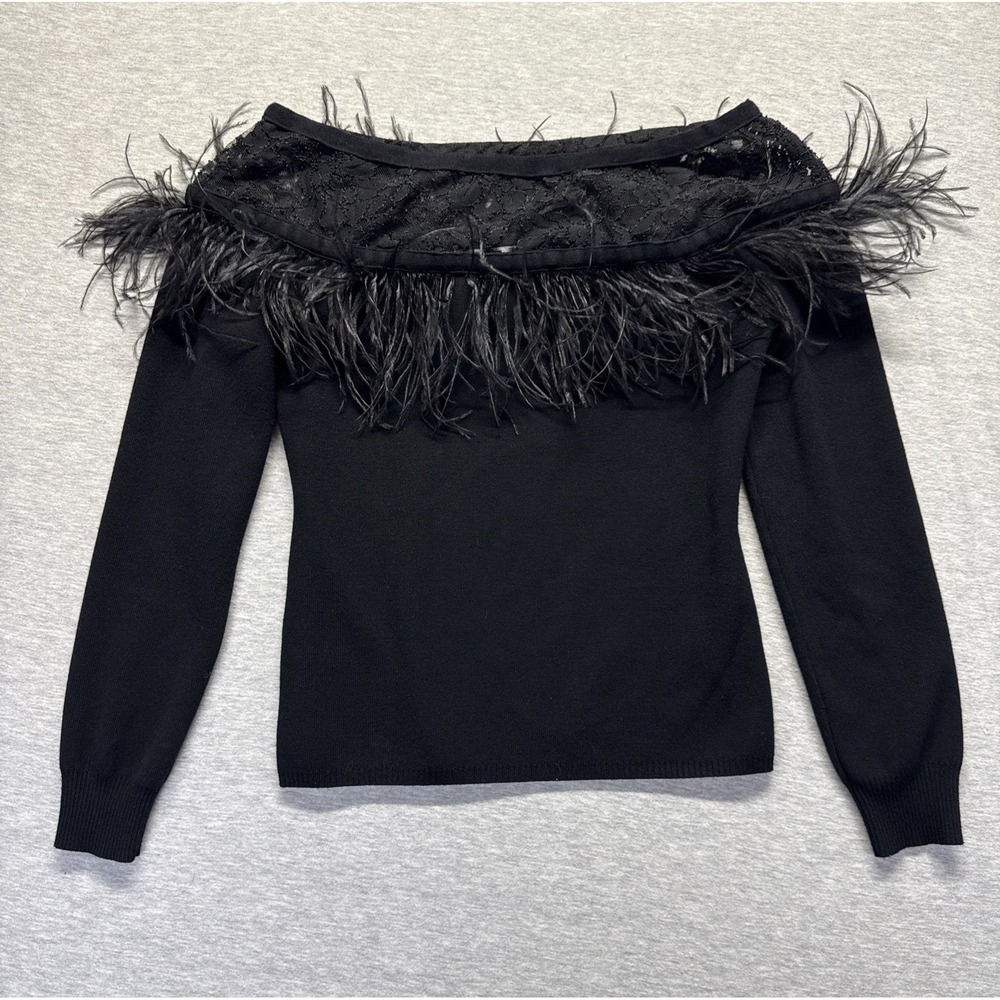 Boston Proper Off The Shoulder Knit Top Women Small Black Feather Trim Lace Yoke